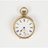 A gold cased keyless wind open faced gentleman's pocket watch, with a gilt jewelled Swiss lever