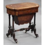 A mid-Victorian burr walnut fold-over games/work table with foliate inlaid decoration, the hinged