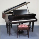 An early 20th century baby grand piano by Challen, London, supplied by Harrods, overstrung, raised