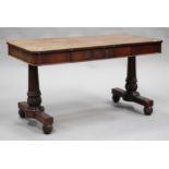 A William IV rosewood library table, the rectangular top above a single frieze drawer, raised on