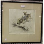 George Vernon Stokes - Terriers on a River Bank, 20th century hand-coloured etching, signed and