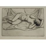 Stanley Roy Badmin - Reclining Female Nude, 20th century monochrome etching, signed with initials in
