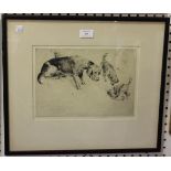 George Vernon Stokes - Foxhound and Terriers at a Rabbit Hole, 20th century monochrome etching,