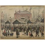 L.S. Lowry - Market Scene in a Northern Town, 20th century colour print, signed in pencil, 48.5cm