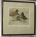 George Vernon Stokes - Red Setter and Spaniel guarding Game, 20th century hand-coloured etching,