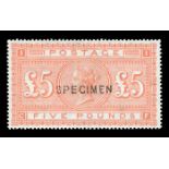 A Great Britain 1867-83 £5 orange stamp, very fine mint specimen overprint on white paper.Buyer’s