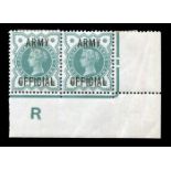 A Great Britain 1896 army official ½d blue green stamp, fine mint, control corner pair.Buyer’s