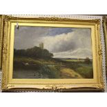 William Langley - Figure in a Punt within a Landscape, oil on canvas, signed, 50cm x 75cm, within