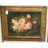 Mabel Marston - 'A Bowl of Roses', oil on board, signed recto, titled label verso, 34cm x 44.5cm,