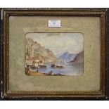 Continental School - Lake Scene with Boats and Figures, 19th century watercolour, 13.5cm x 18.5cm,