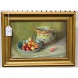 D.M.A., British School - Still Life of a Bowl of Cherries beside a Jug, oil on board, signed with