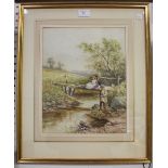 James Barclay - Boy fishing in a Stream beside a Girl on a Bridge, watercolour, signed, 35cm x 27cm,