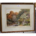 R. Thornton - Figures by a Pond beside a Cottage, mixed media, signed, 25cm x 35cm, within a gilt