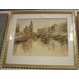 Jan den Hengst - Canal Scene, Amsterdam, 20th century watercolour, signed, 25cm x 46cm, within a