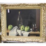 Christopher Cawthorne - Still Life of Apples, Wine Bottle and Glass, oil on canvas, signed, 39cm x