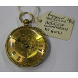 An 18ct gold cased keywind open-faced lady's fob watch, the fusee movement with a lever