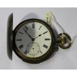 A gunmetal keyless wind minute repeating hunting cased gentleman's pocket watch, the unsigned gilt