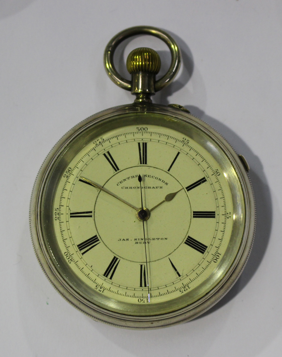 A silver cased keyless wind open-faced centre seconds gentleman's pocket stop watch, the gilt - Image 3 of 3