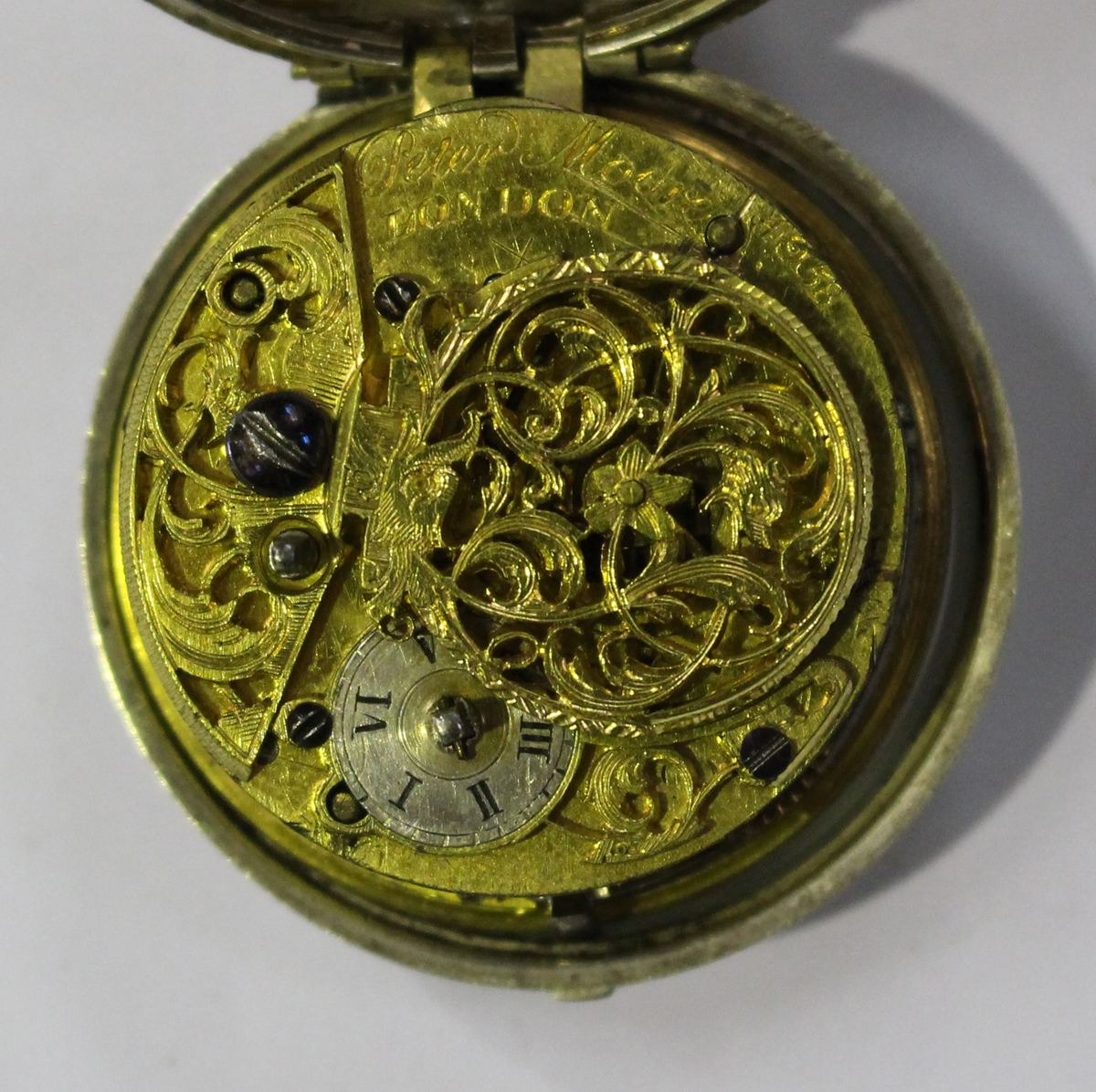 A silver twin cased open-faced gentleman's pocket watch, the gilt fusee movement with a verge - Image 4 of 5