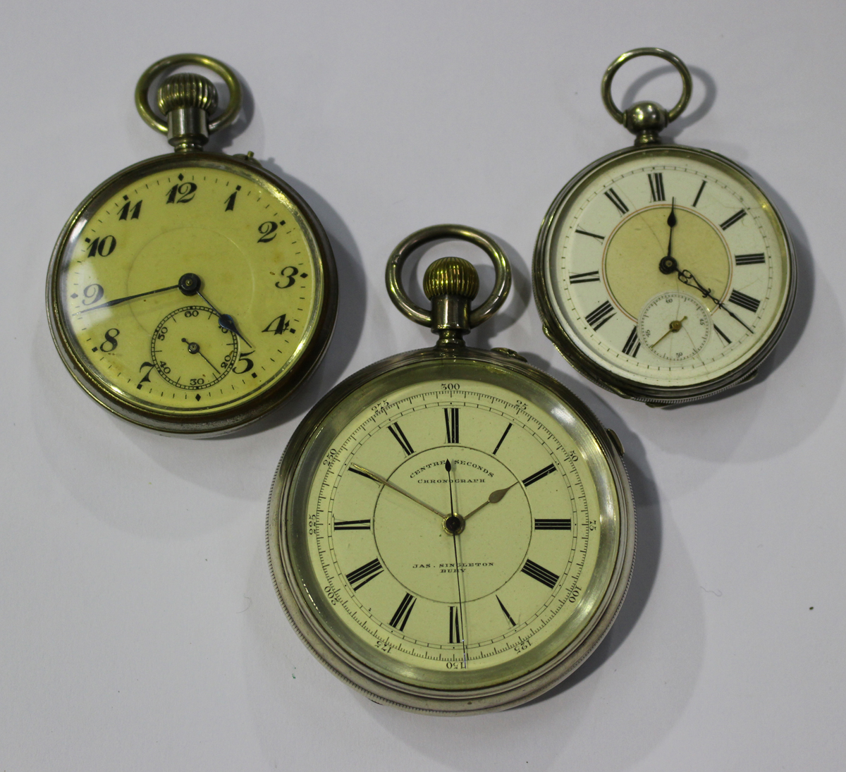 A silver cased keyless wind open-faced centre seconds gentleman's pocket stop watch, the gilt