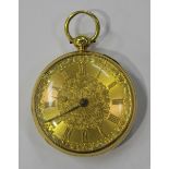 An 18ct gold cased keywind open-faced pocket watch, with a gilt fusee movement, detailed to the back