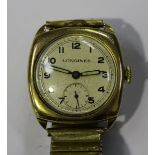 A Longines 9ct gold cushion shape cased three-quarter size wristwatch, with signed gilt jewelled