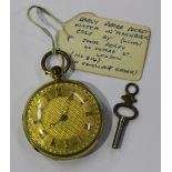 A gilt metal cased keywind open-faced lady's fob watch, the gilt fusee movement with a verge