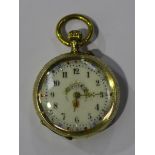 A gold cased keyless wind open-faced lady's fob watch, with a gilt cylinder movement, gilt metal