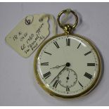 A gold cased keywind open-faced gentleman's pocket watch, the unsigned gilt movement with a cylinder