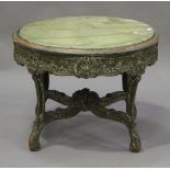 An early 20th century French circular occasional table with later green onyx top, the frieze