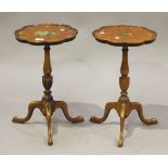 A near pair of Edwardian Classical Revival satinwood wine tables, the tops painted with a girl's