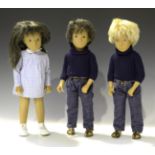Three Sasha dolls, comprising Gregor dark, denims, Gregor fair, denims, and Sasha brunette, gingham,