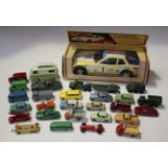 A collection of die-cast vehicles, including a Dinky Toys No. 157 Jaguar, a Corgi Toys Ford Thames