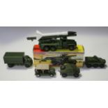 A small collection of Dinky Toys army vehicles, comprising a No. 665 Honest John Missile Launcher,