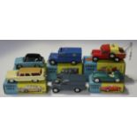 Six Corgi Toys vehicles, comprising a No. 216 Austin A40 saloon, a No. 219 Plymouth Sports