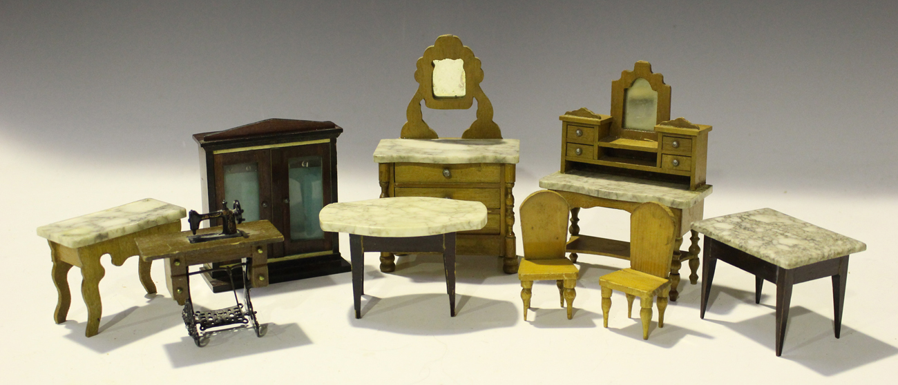 A collection of doll's house furniture, accessories and dolls, including a wicker three piece