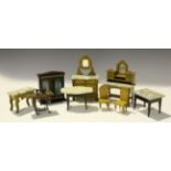 A collection of doll's house furniture, accessories and dolls, including a wicker three piece