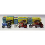 Three Corgi Toys tractors, comprising a No. 53 Massey Ferguson 65 tractor with shovel, a No. 67 Ford