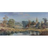 William Howells - View of St Andrew's Church, Alfriston, from the River, late 20th century oil on