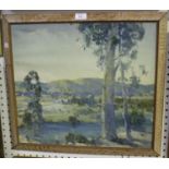 A 20th century oil on canvas, Landscape with Lake and Hills, possibly Australia, 44cm x 50cm, within