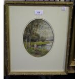 Frank Gresley - Lady standing at the Water's Edge, oval watercolour with touches of gouache, signed,