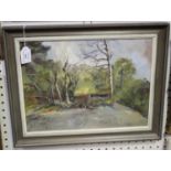 Phyllis 'Phil' Wells - Buildings in a Forest Clearing, late 20th century oil on canvas, signed, 29cm