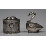 A late 19th century Dutch silver novelty vinaigrette in the form of a swan with hinged lid to