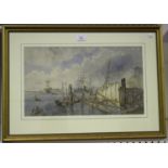 British School - View of Littlehampton Harbour, late 19th century watercolour, 27.5cm x 47cm, within