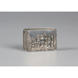 A William IV silver castle-top rectangular vinaigrette, the hinged lid decorated in relief with