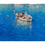 John Haskins - 'Swimming off the Boat', late 20th century oil on board, signed recto, titled label