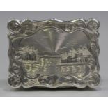 An early Victorian silver shaped rectangular vinaigrette, the hinged lid engraved with a lakeside
