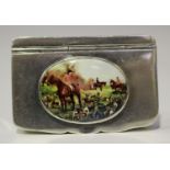 An Edwardian silver rectangular snuff box, the hinged lid inset with a panel depicting a hunting