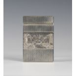 An early Victorian silver castle-top rectangular card case, one side decorated in relief with a