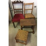 2 bedroom chairs together with a dark wood stool/table and a small string topped stool.